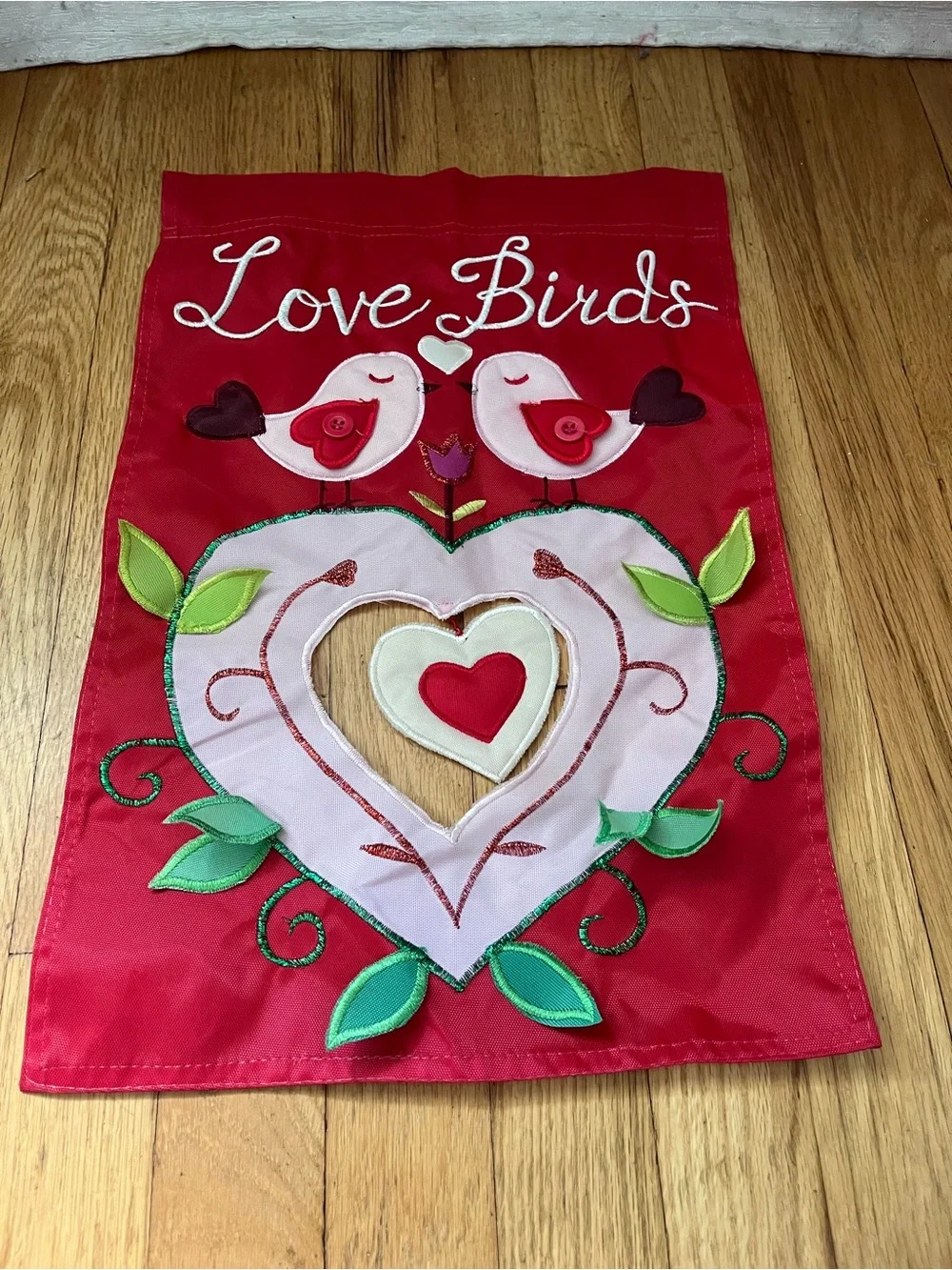 Vintage Pier 1 Imports Mini embroidered garden flag Valentines Day love birds